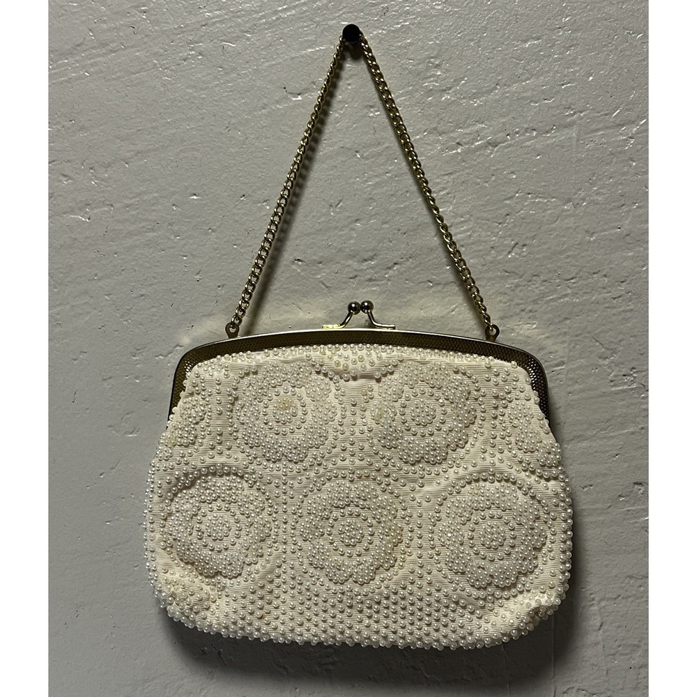 Vintage Vtg Beaded Bag Clutch Ivory Sequin Bridal Golden Name Purse Gold Chain